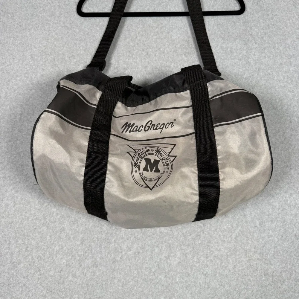 MacGregor Vintage 80s Silver Black Duffle Bag Athletic Gym Travel Shoulder Strap